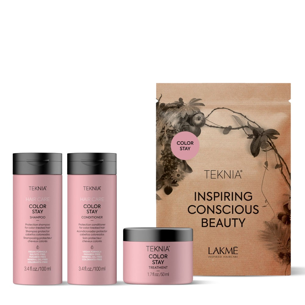 Lakme Teknia Color Stay Travel rinkinys: šampūnas 100ml, kondicionierius 100ml, kaukė 50 ml