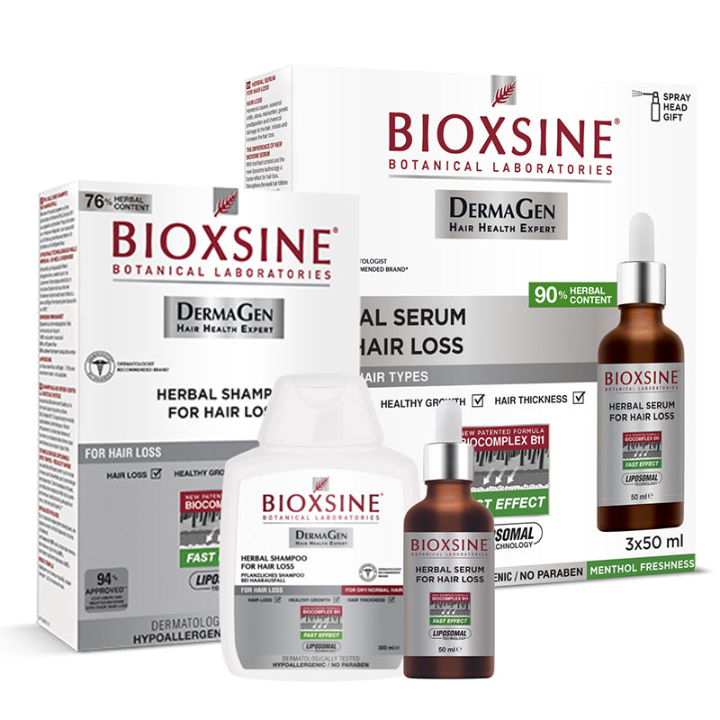 BIOXSINE rinkinys nuo plaukų slinkimo: Bioxsine serumas 3x50ml + šampūnas 300ml