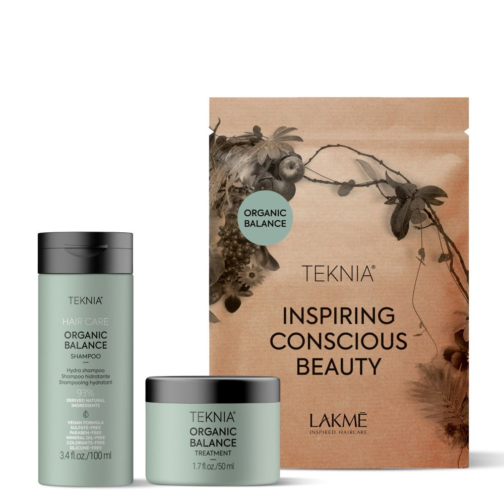 Lakme Teknia Organic Balance rinkinys: šampūnas 100 ml + atstatomoji priemonė 100 ml
